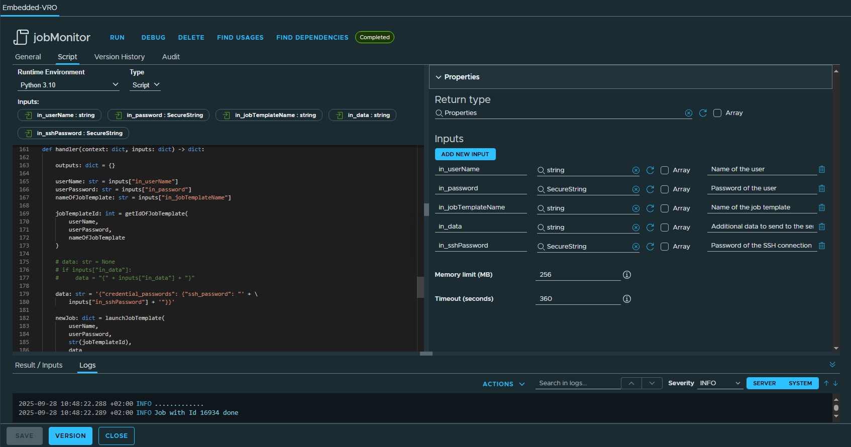 vcf automation call of ansible job template