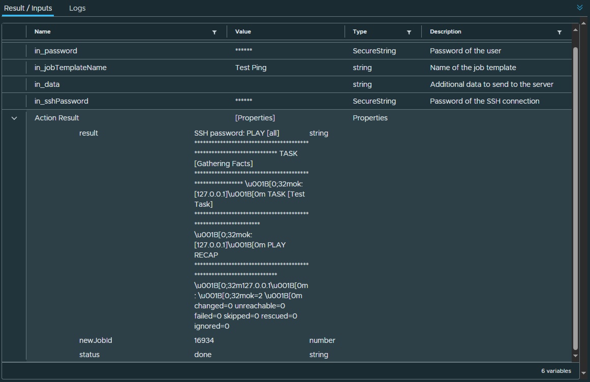 result of vcf automation call of ansible job template