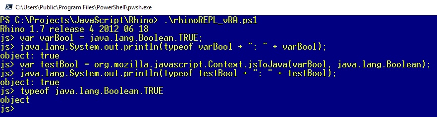 windows console with rhino javascript type casting example