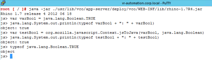 linux console with rhino javascript type casting example