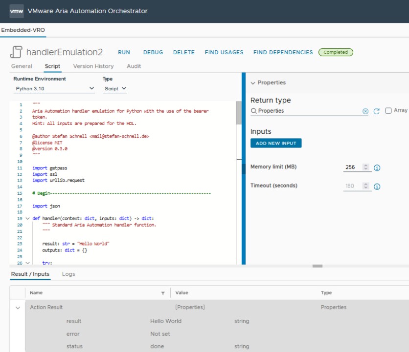 vcf automation executes the handler with emulation code