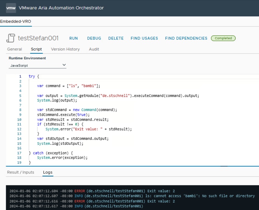 vmware aria automation comparison of the call of an operating system command with expected error message in stderr with executecommand and with the command class - action perspective