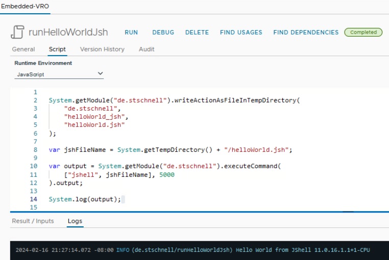 vcf automation executes jshell code via executeCommand and the jshell code is stored as action