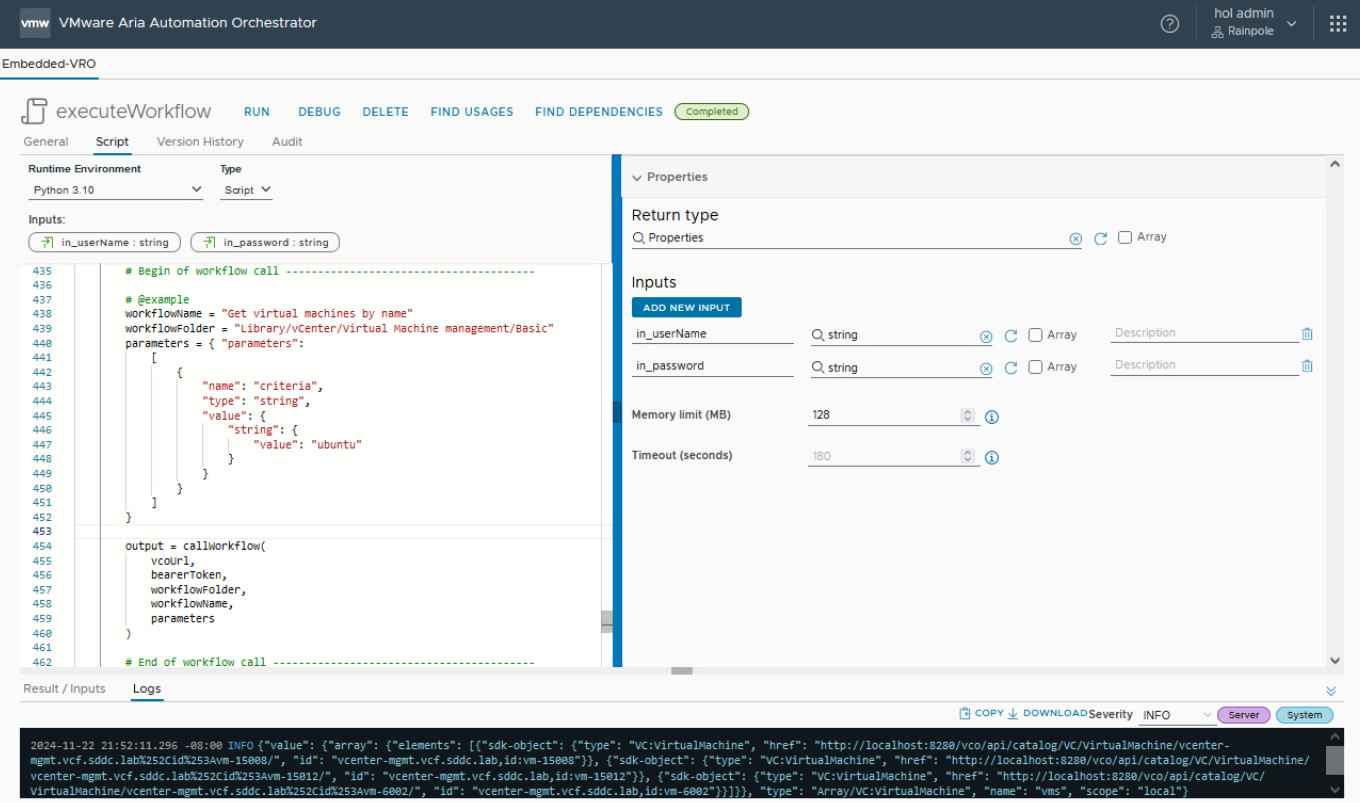 vcf automation action to execute workflows from python