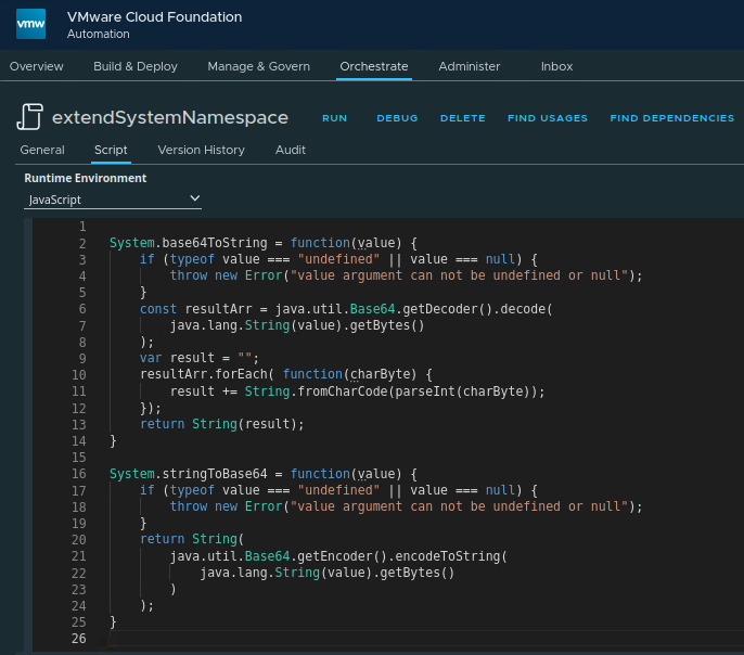 vcf automation action with system namespace extension