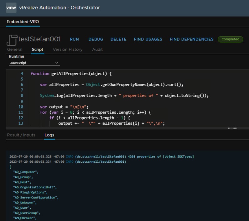 vcf automation action to get all properties of the sdk type object with result