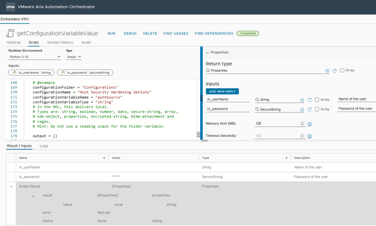 vcf automation orchestrator python action to get configuration variable value