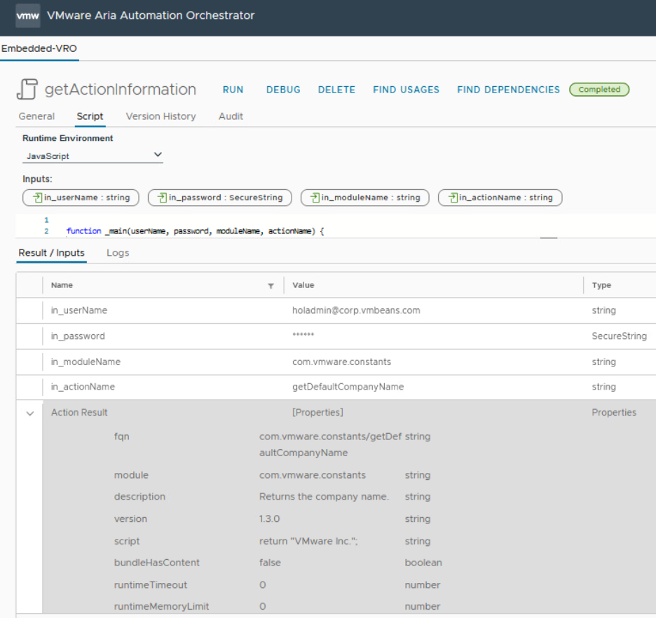 vcf automation orchestrator action to get details of an action