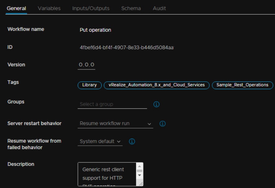 vcf automation orchestrator workflow general tab