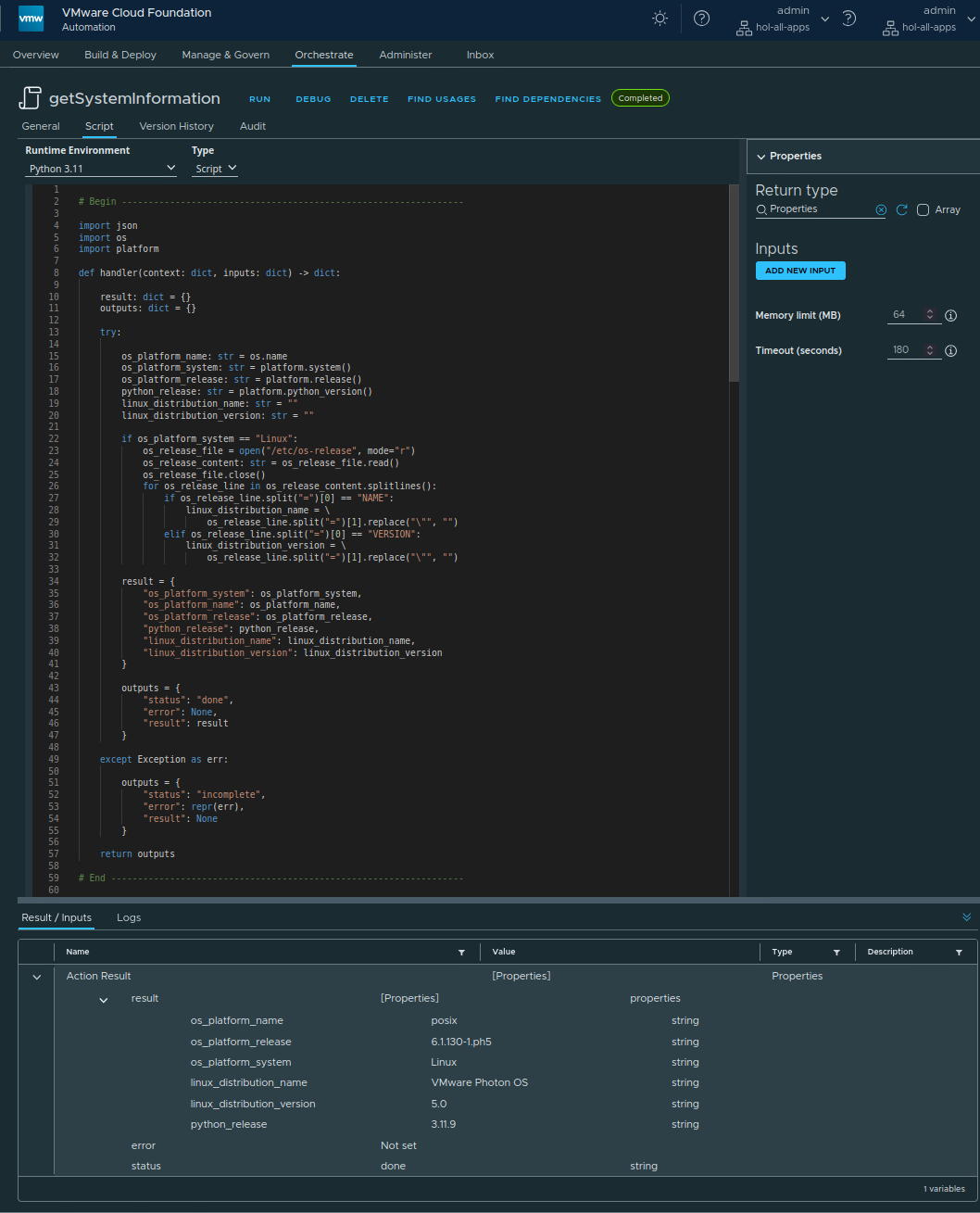 vcf orchestrator action with python to detect different system information