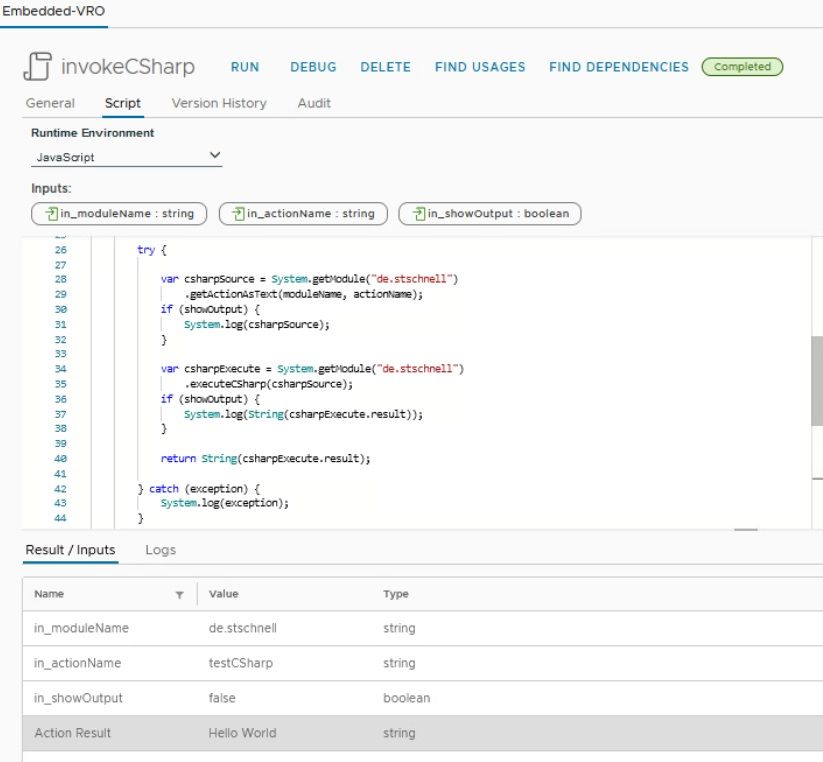 vcf automation invoke csharp execution results