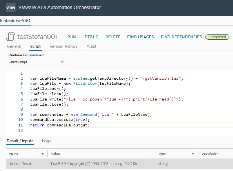 vmware aria automation invokes lua script