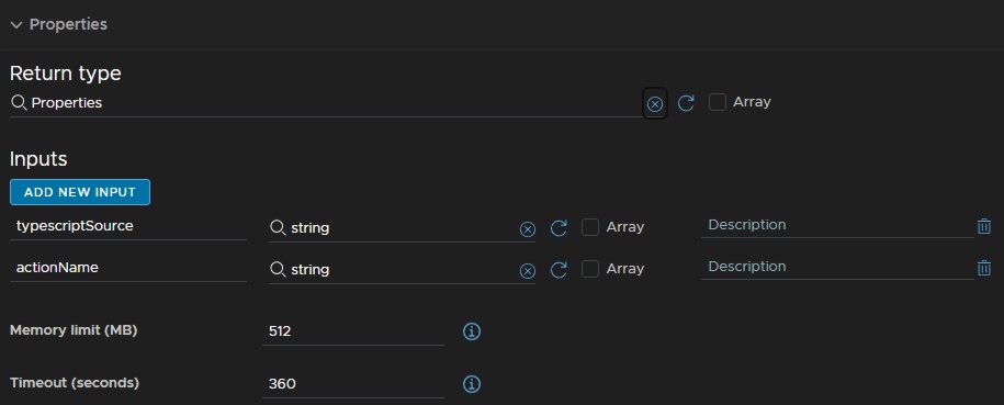 vcf automation properties transpile typescript to javascript