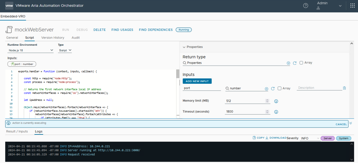 vcf automation node.js runtime environment with mock web server