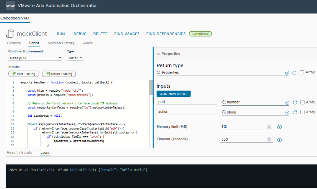 vcf automation node.js runtime environment with web client for mock web server