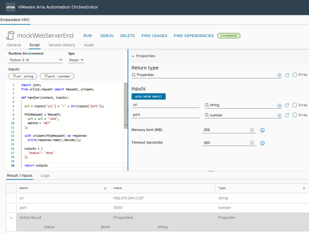 vcf automation python runtime environment with web client to terminate mock web server