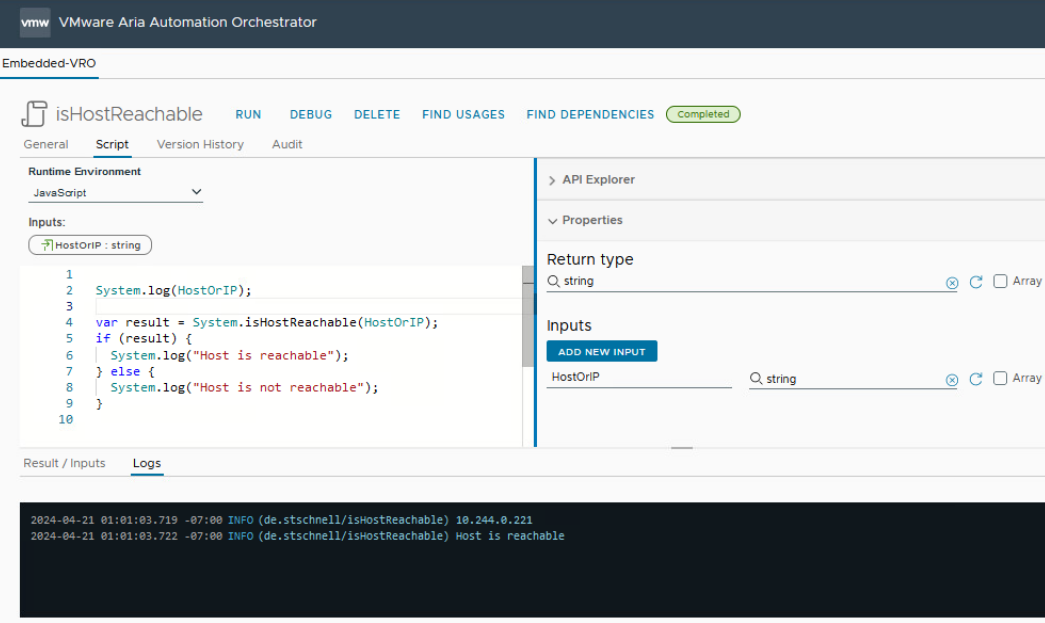 vcf automation javascript runtime environment with the result of a request via ishostreachable to the mock web server