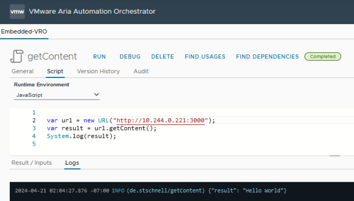 vcf automation javascript runtime environment with the result of a request via getcontent to the mock web server