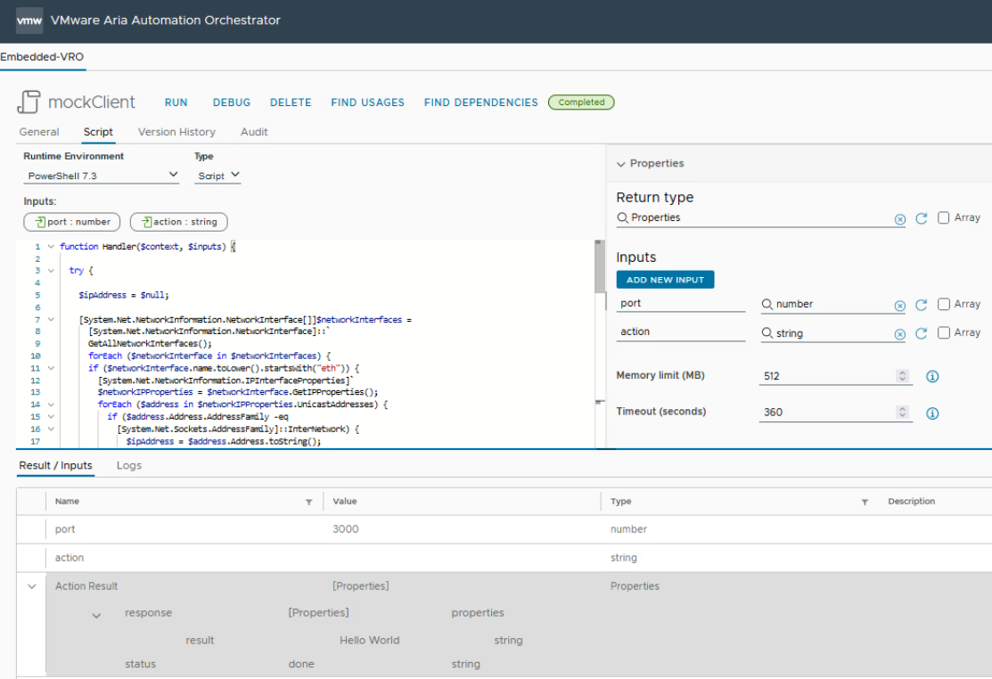 vmware aria automation powershell runtime environment with web client for mock web server