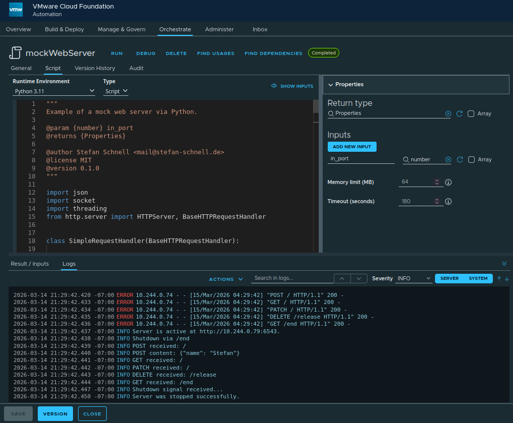 vcf automation python runtime environment with the mock web server