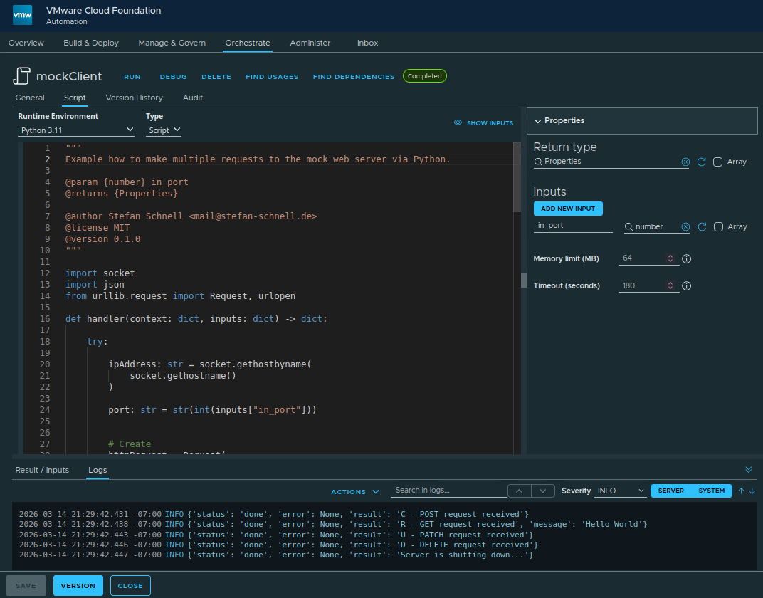 vcf automation python runtime environment with the results of the requests to the mock web server