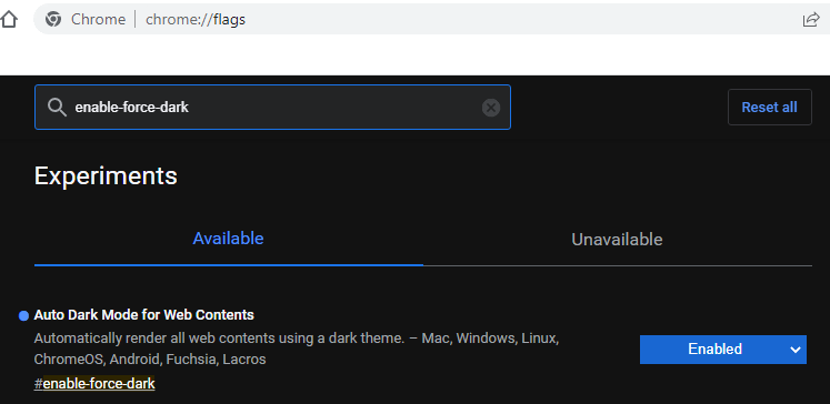 google chrome browser settings to enable dark mode