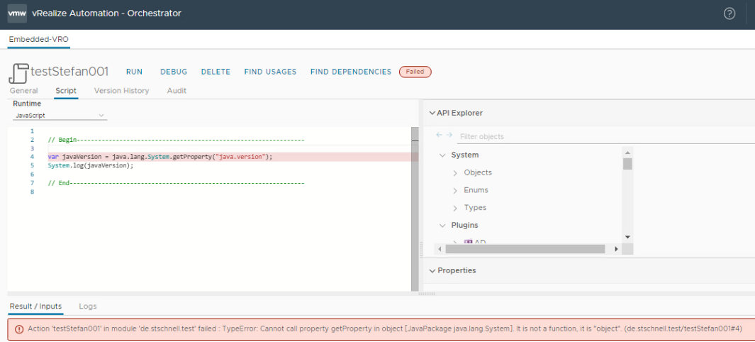 vmware aria automation orchestrator failed action