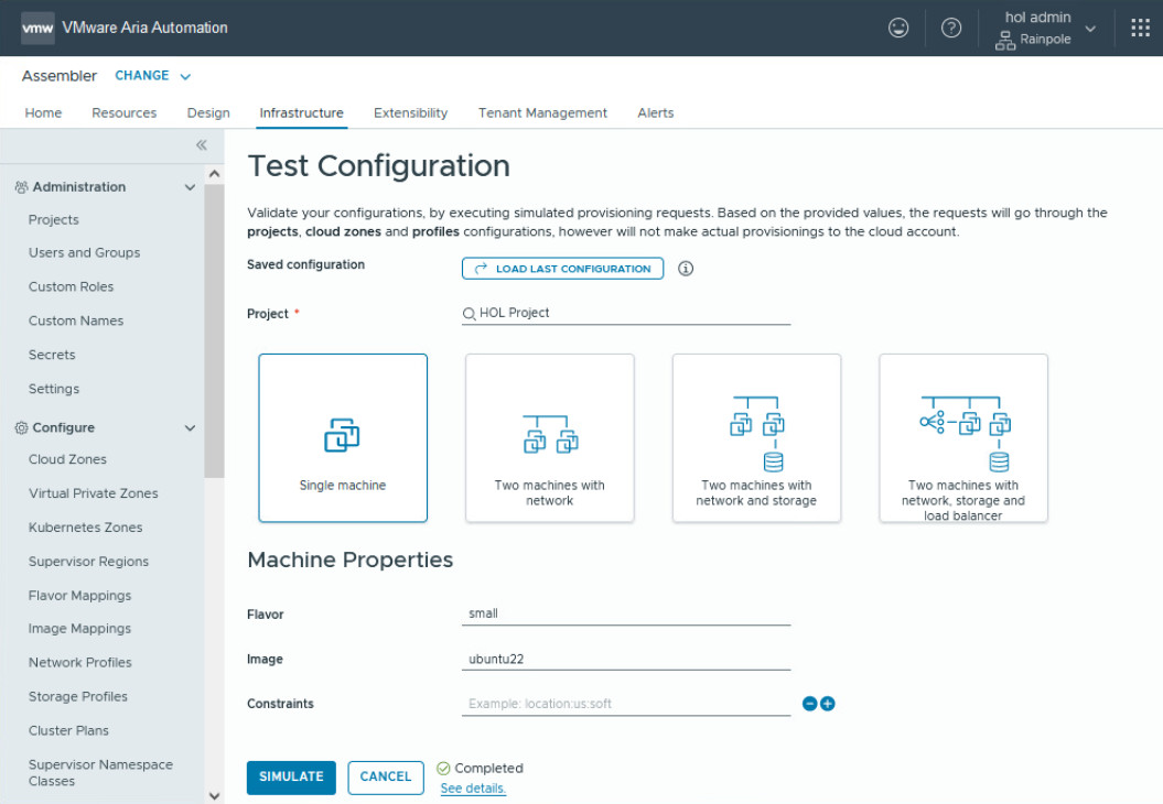 vcf automation assembler test configuration