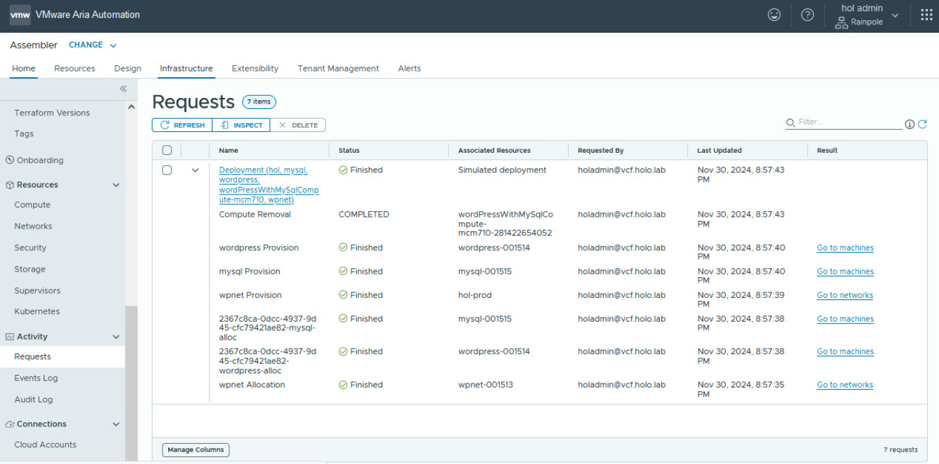 vcf automation test configuration request result with network