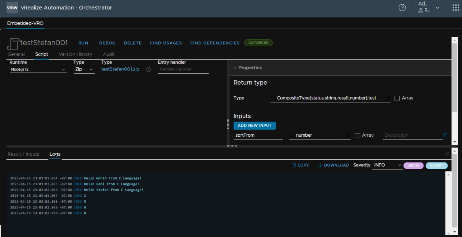 vcf automation action with log