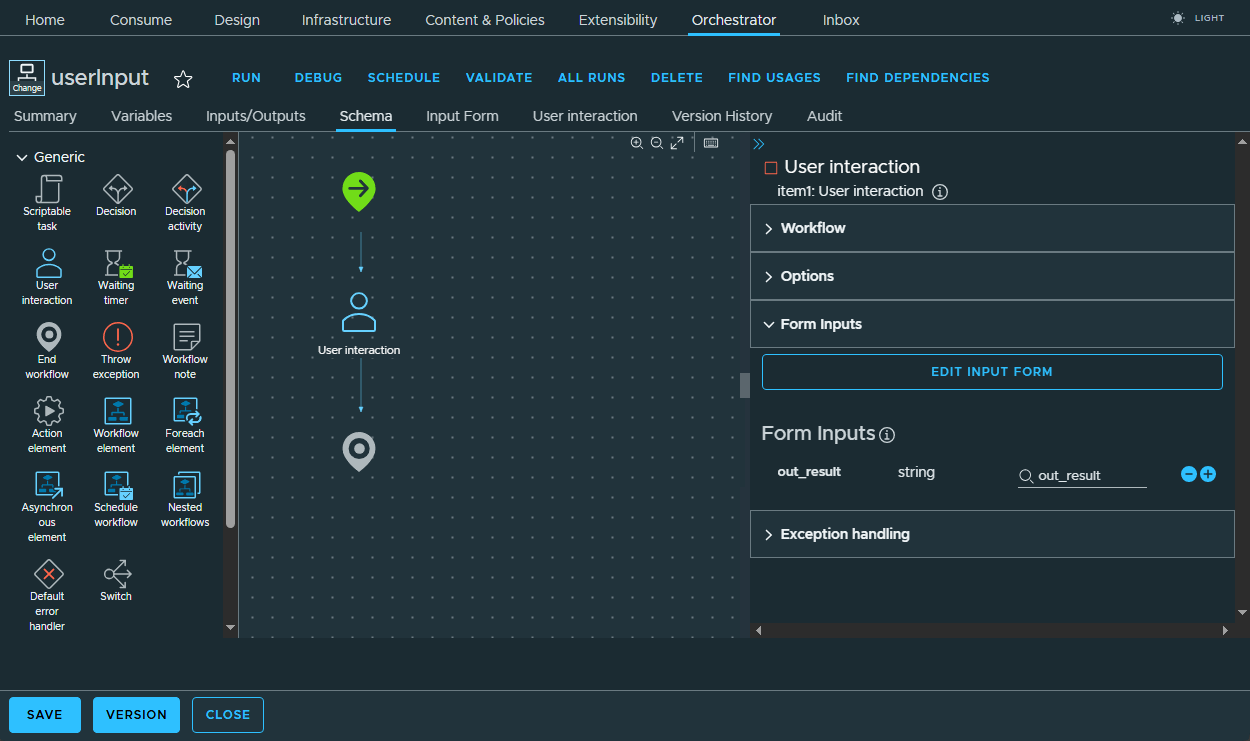 vcf automation workflow schema with user interaction item