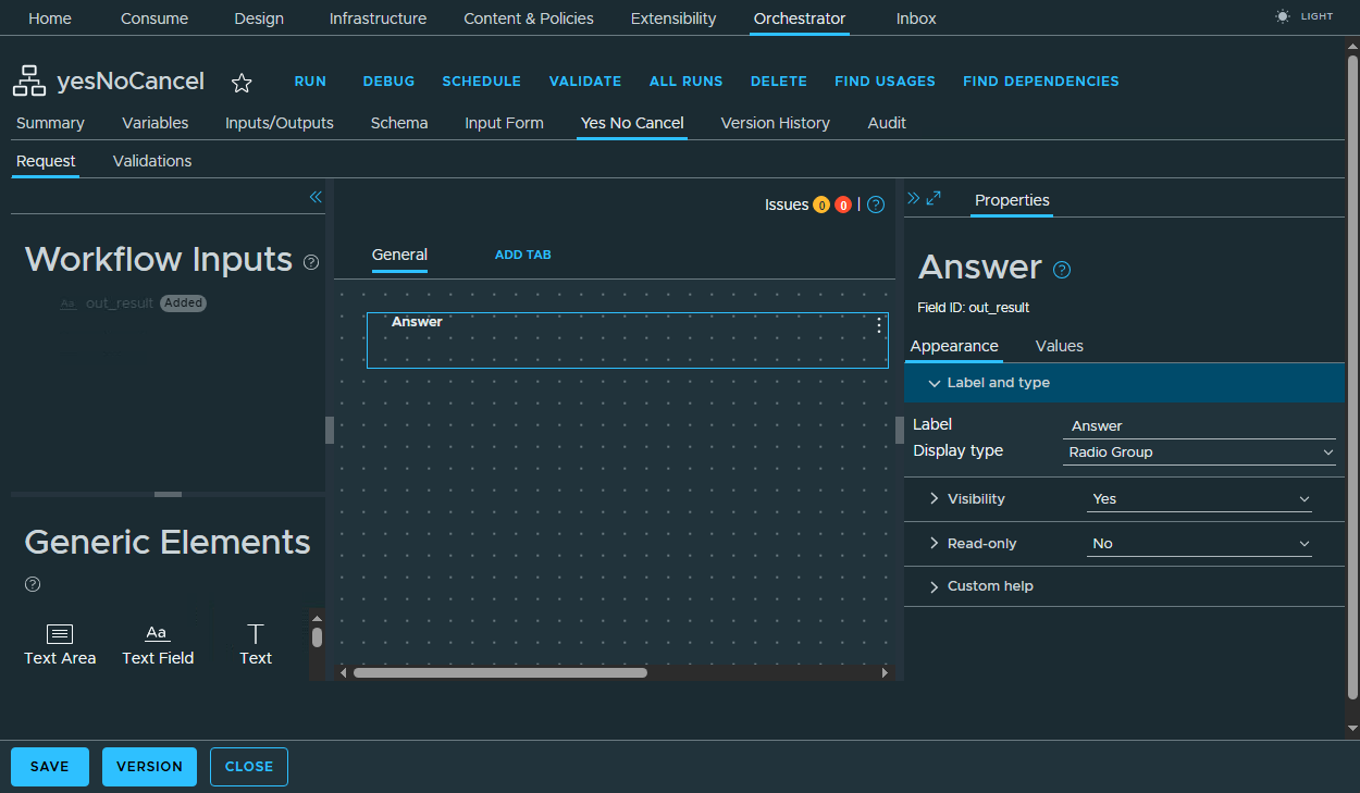 vcf automation input form appearance yes no cancel