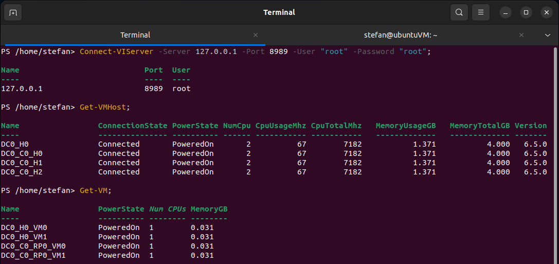 vmware vcenter simulator with powershell core on linux