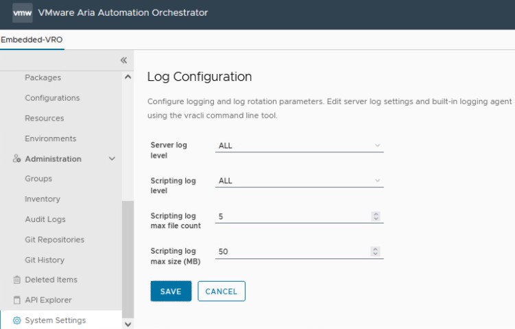 vmware orchestrator system settings log configuration